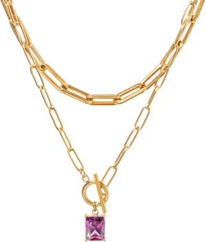 Gold Paperclip Toggle Necklace Pendant for Women Natural Gemstone Pearl Cubic Zirconia Paper Clip Chain Necklace Toggle Paperclip Jewelry Gift for Women