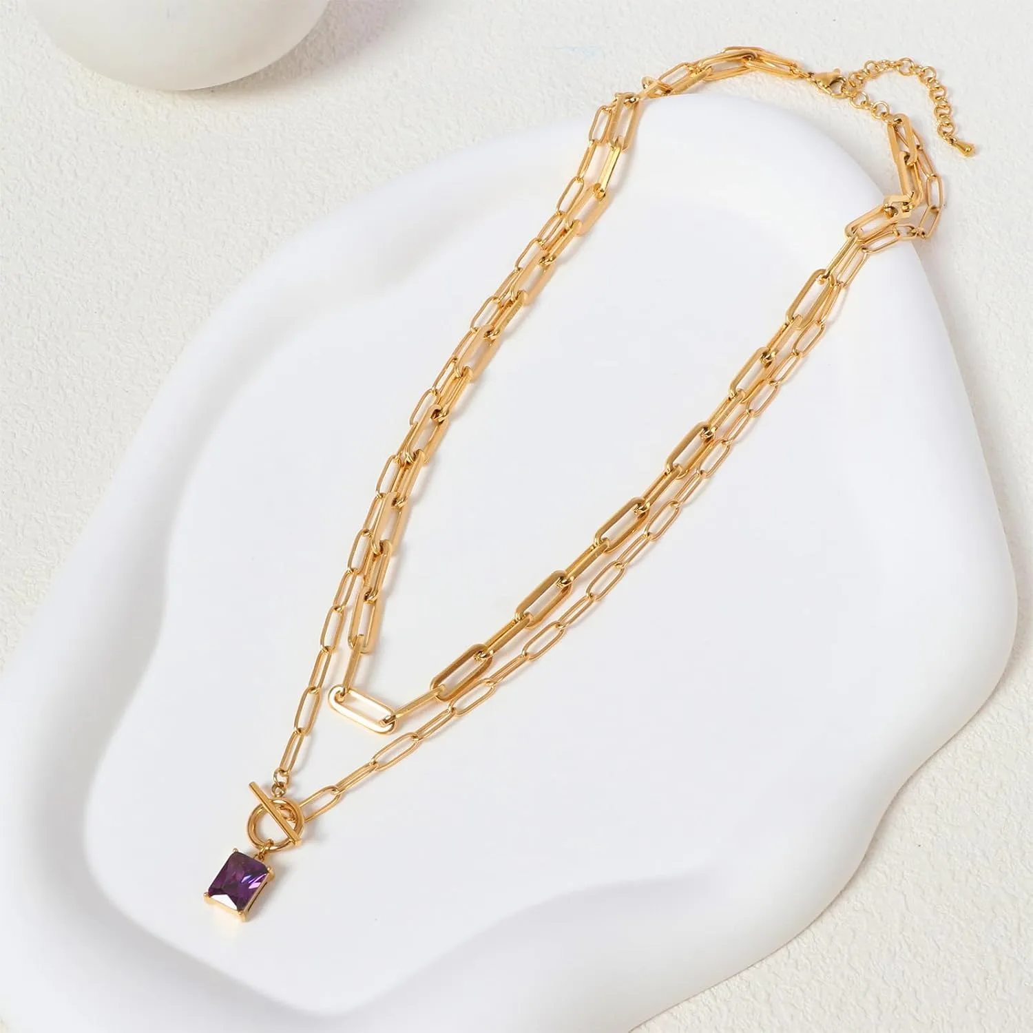 Gold Paperclip Toggle Necklace Pendant for Women Natural Gemstone Pearl Cubic Zirconia Paper Clip Chain Necklace Toggle Paperclip Jewelry Gift for Women