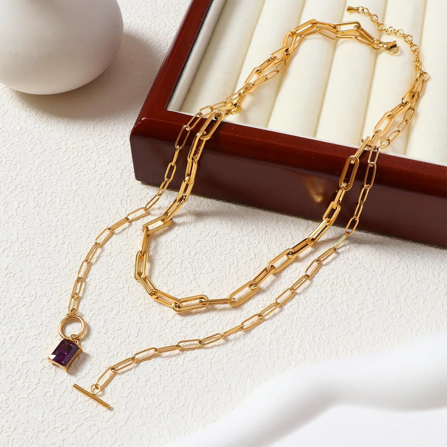 Gold Paperclip Toggle Necklace Pendant for Women Natural Gemstone Pearl Cubic Zirconia Paper Clip Chain Necklace Toggle Paperclip Jewelry Gift for Women