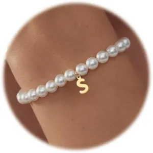 Gold Pearl Initial Bracelets for Women, 14K Gold Plated Dainty Bracelet with Letter Charm, Monogram Bracelet Gifts for Her, Trendy Jewelry for Women