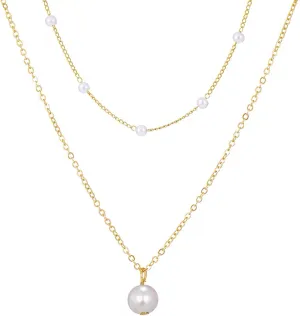 Gold Pearl Necklace for Women, 14K Gold Plated Fashion Layered Pearl Necklace, Simple Chain Pearl Necklace for Women Gold Jewelry Gifts (Can be worn alone)