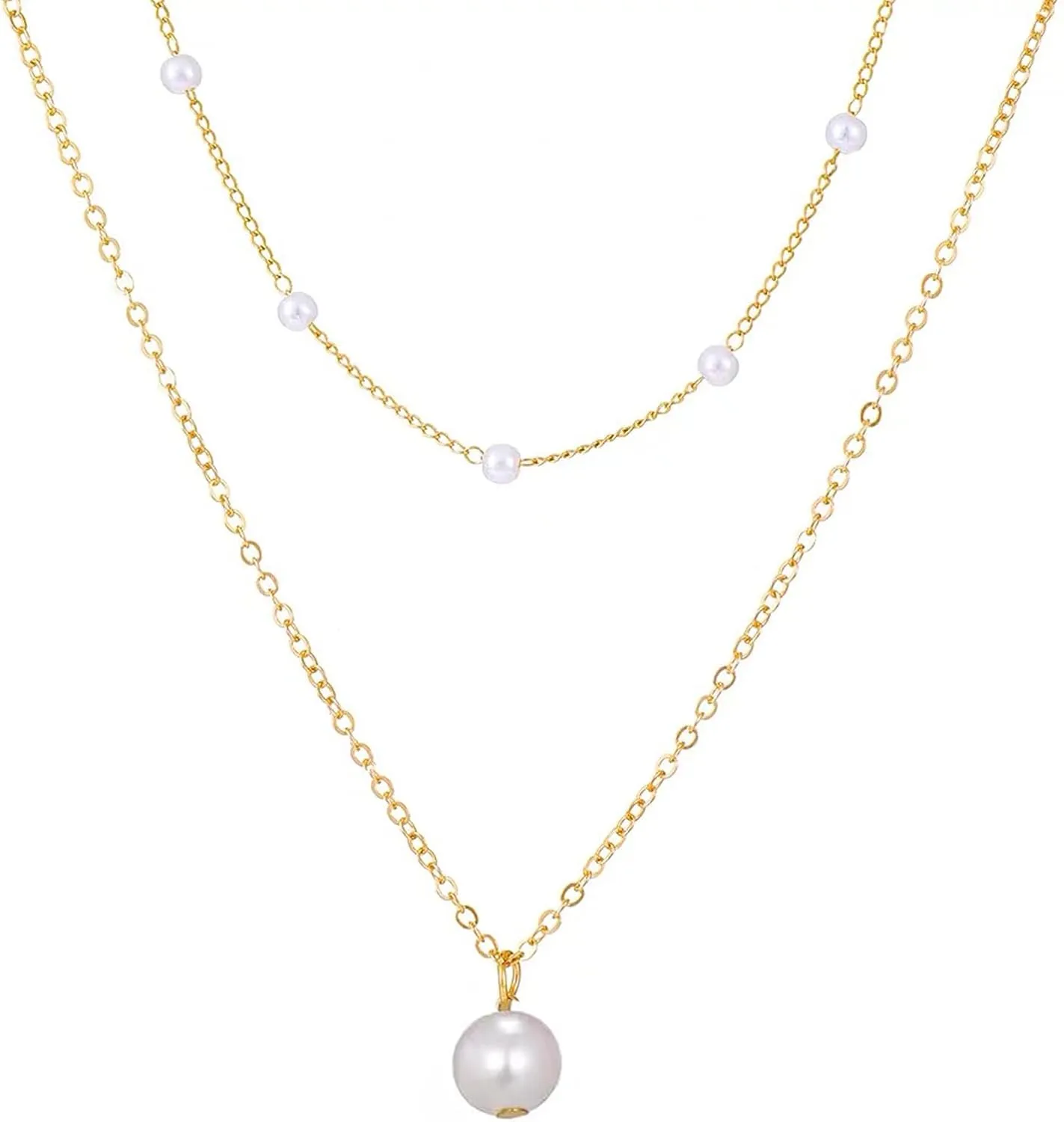 Gold Pearl Necklace for Women, 14K Gold Plated Fashion Layered Pearl Necklace, Simple Chain Pearl Necklace for Women Gold Jewelry Gifts (Can be worn alone)