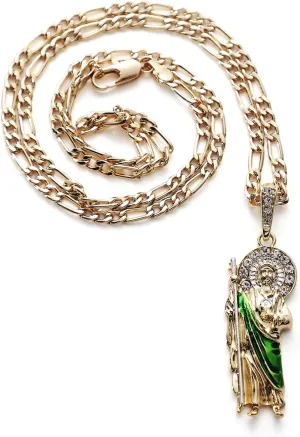 Gold Plated Green Saint Jude Pendant Necklace Figaro 24" San Judas Tadeo Medalla Cadena Oro Laminado