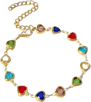Gold Plated Heart Colorful Charm Bracelet, Clover Bracelet, 12 Synthetic Gemstones,Dainty Jewelry for Women, lightweight & comfortable, Use at Any Occasion,1 Count