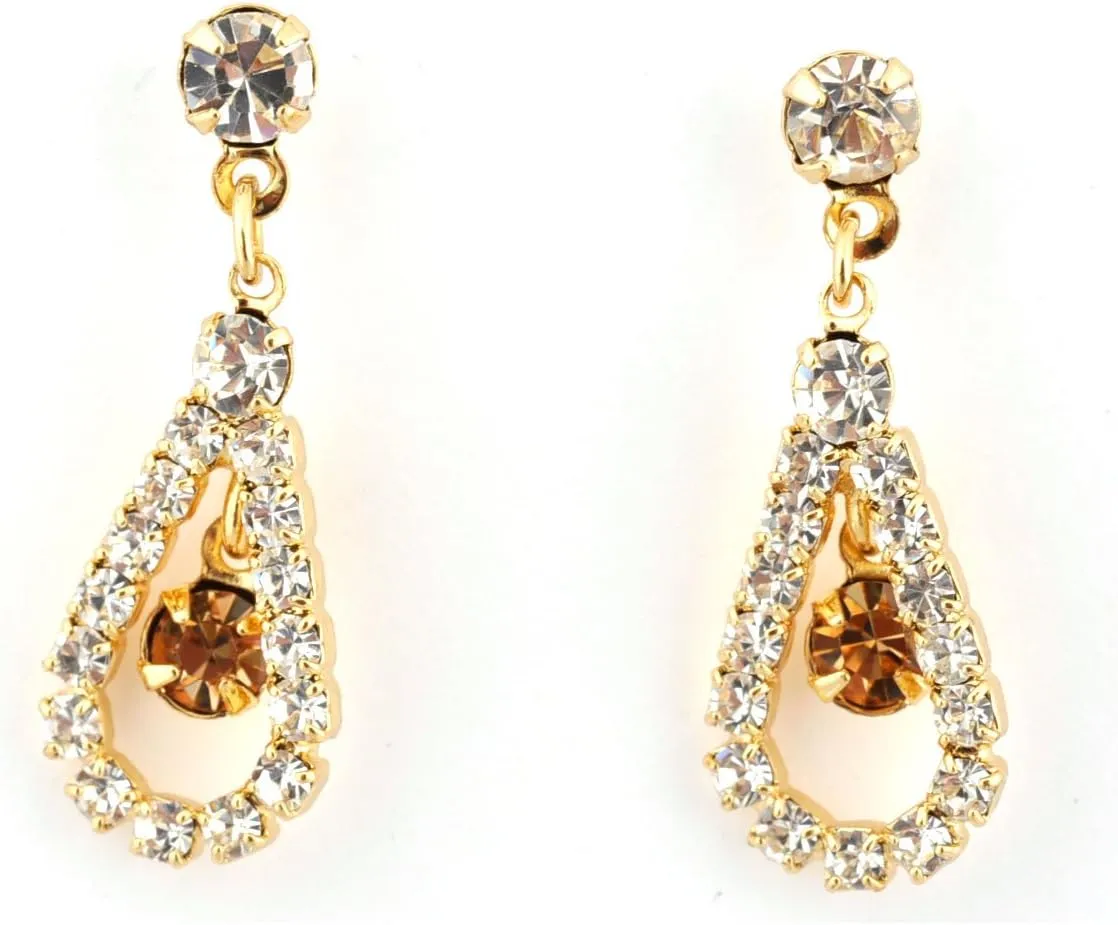 Gold Teardrop Shape Line Necklace with Crystal Inserts & Matching Dangle Earrings Jewelry Set