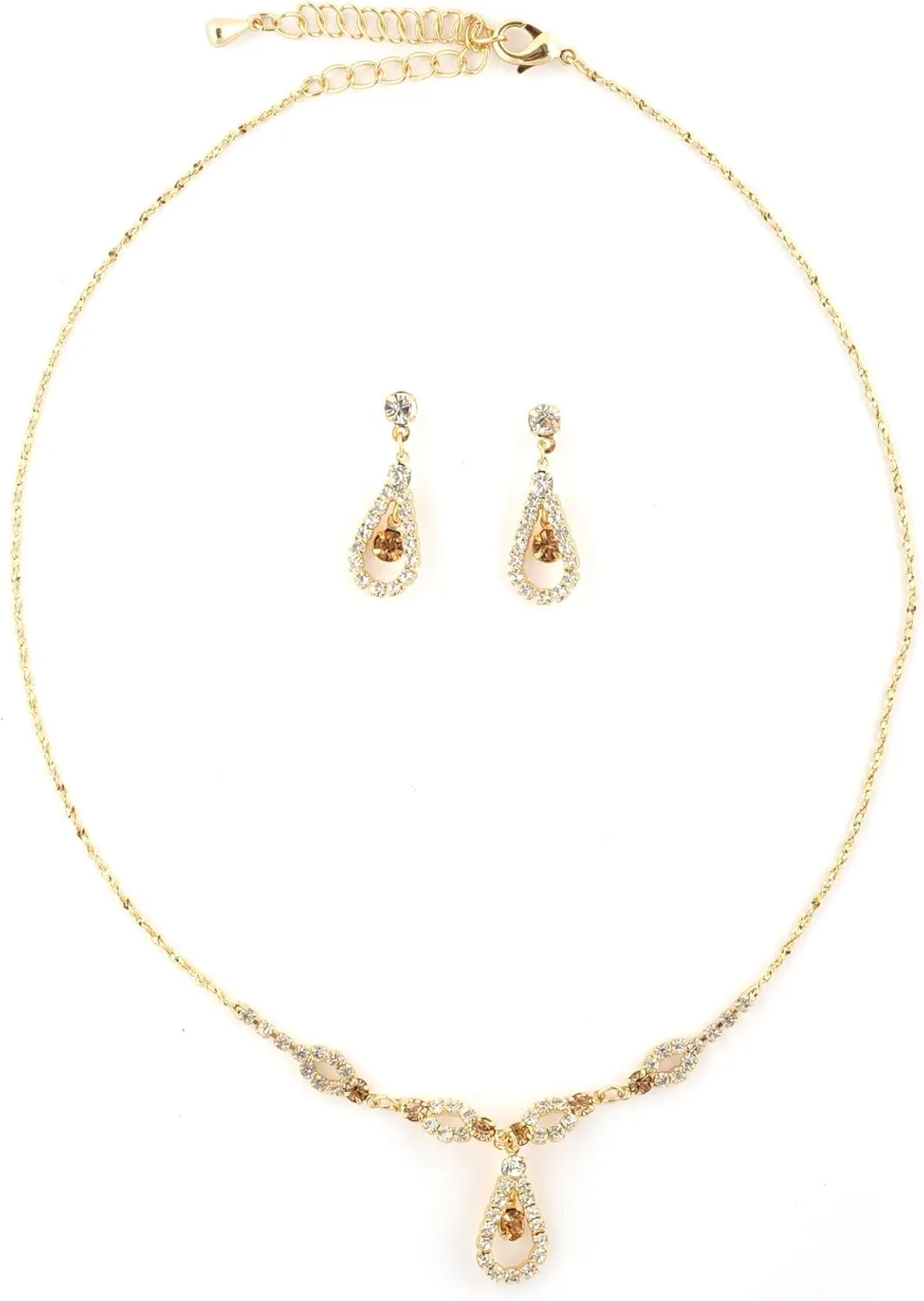 Gold Teardrop Shape Line Necklace with Crystal Inserts & Matching Dangle Earrings Jewelry Set