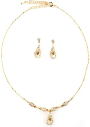 Gold Teardrop Shape Line Necklace with Crystal Inserts & Matching Dangle Earrings Jewelry Set