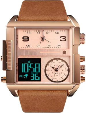Gosasa Men Square Large Face Digital Sports Watch,LED Analog Quartz Wrist Watch with Multi-Time Zone 50M Waterproof Stopwatch