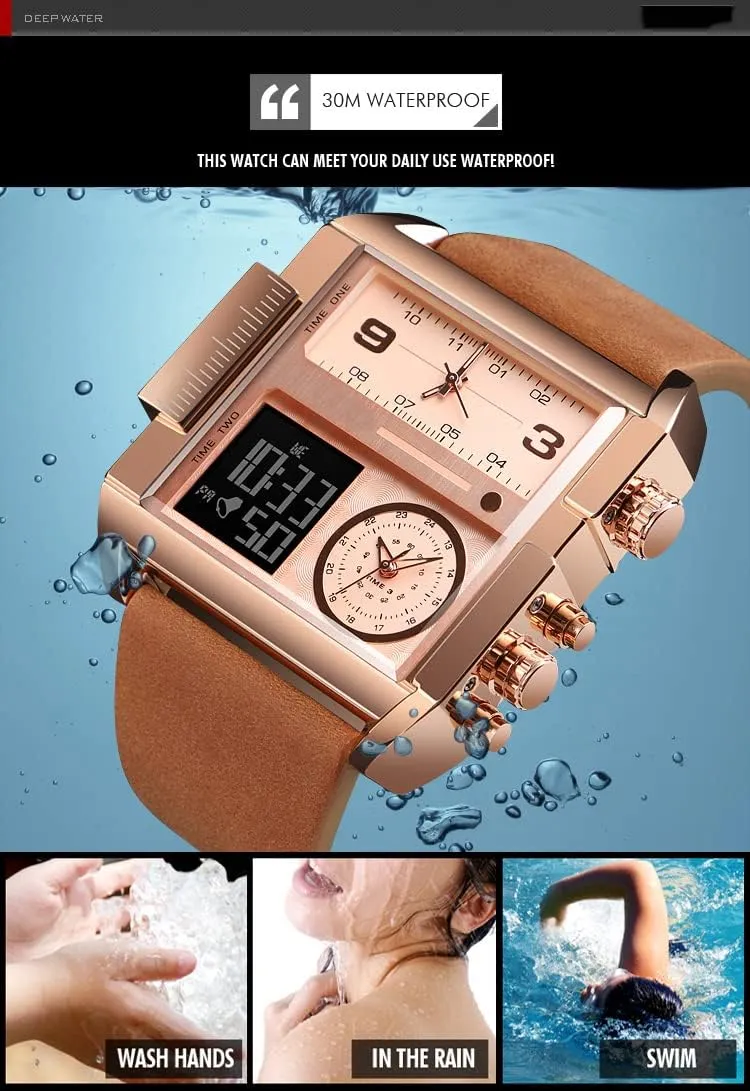 Gosasa Men Square Large Face Digital Sports Watch,LED Analog Quartz Wrist Watch with Multi-Time Zone 50M Waterproof Stopwatch