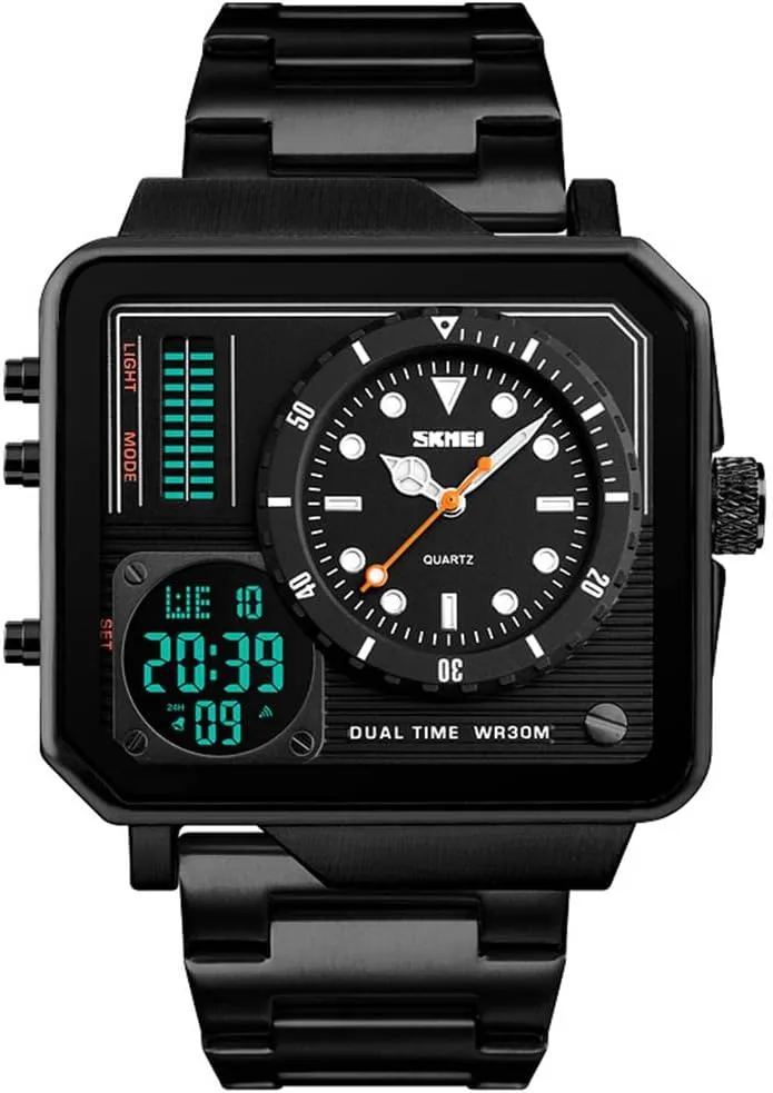 Gosasa Men's Square Large Face Stainless Steel Digital Sports Watch, LED Analog Quartz Wrist Watch with Multi-Time Zone Waterproof Stopwatch