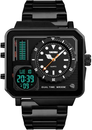 Gosasa Men's Square Large Face Stainless Steel Digital Sports Watch, LED Analog Quartz Wrist Watch with Multi-Time Zone Waterproof Stopwatch