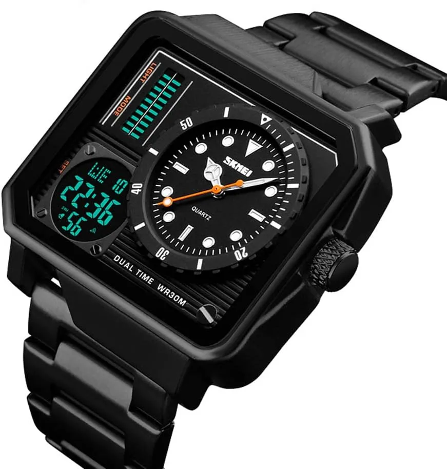 Gosasa Men's Square Large Face Stainless Steel Digital Sports Watch, LED Analog Quartz Wrist Watch with Multi-Time Zone Waterproof Stopwatch
