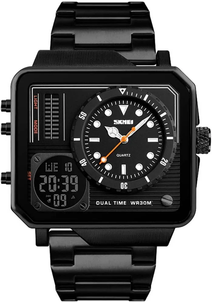 Gosasa Men's Square Large Face Stainless Steel Digital Sports Watch, LED Analog Quartz Wrist Watch with Multi-Time Zone Waterproof Stopwatch