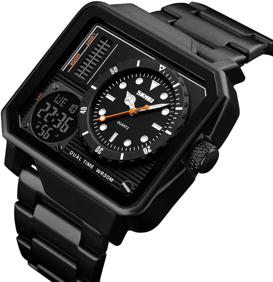 Gosasa Men's Square Large Face Stainless Steel Digital Sports Watch, LED Analog Quartz Wrist Watch with Multi-Time Zone Waterproof Stopwatch