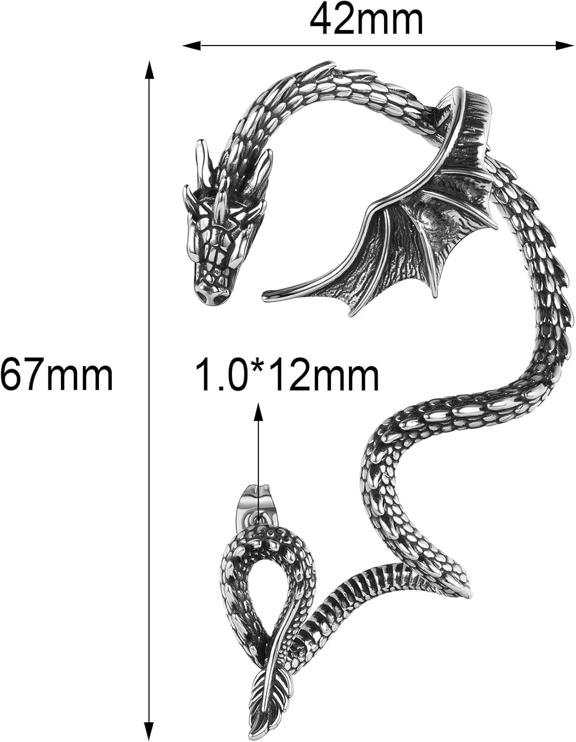 Gothic Dragon Ear Cuff - 1pcs Retro Silver Punk Hip Hop Stainless Steel Snake Dragon Cuff Earring Cartilage Climber Ear Wrap Ear Earrings Stud Wrap Snake Earrings for Women or Men