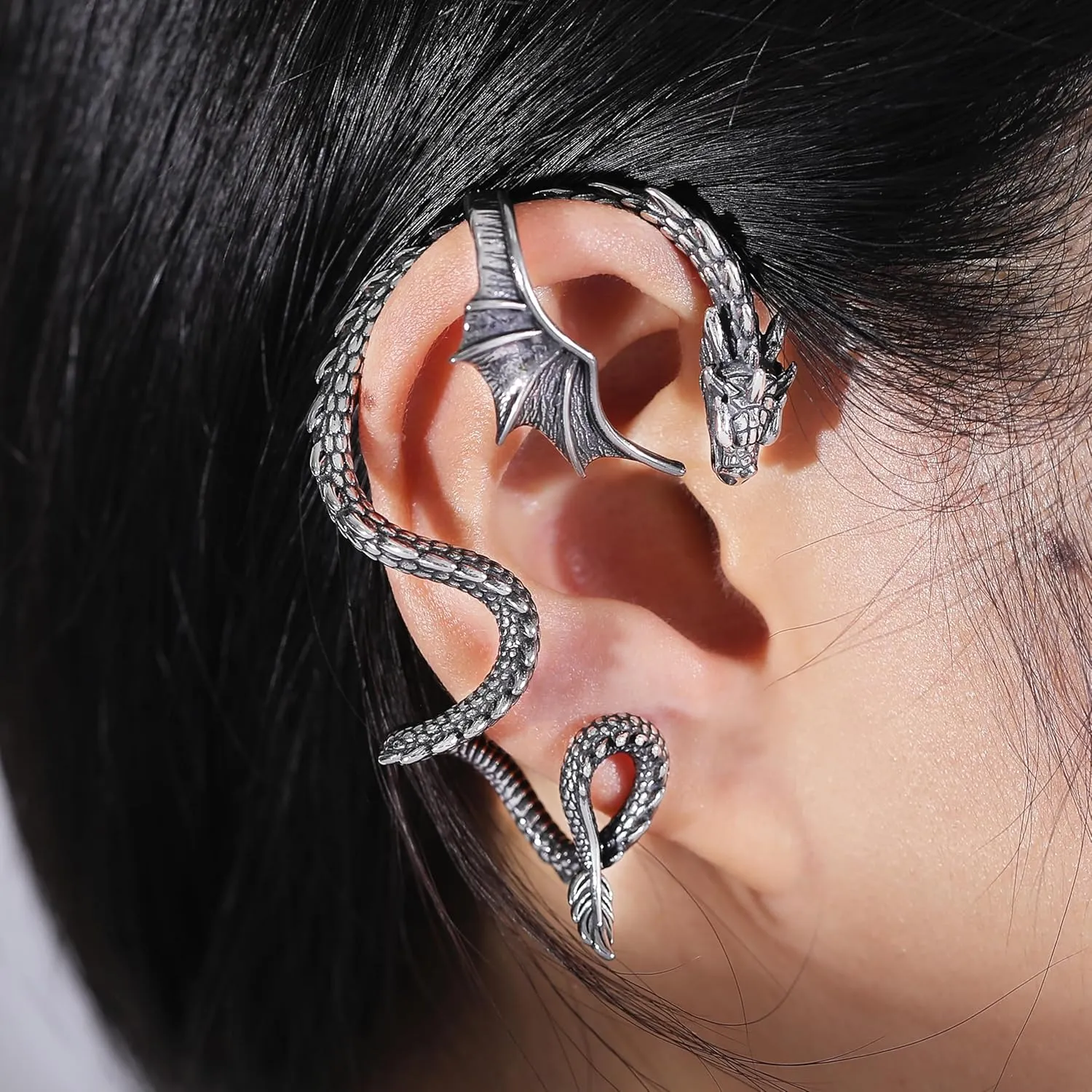 Gothic Dragon Ear Cuff - 1pcs Retro Silver Punk Hip Hop Stainless Steel Snake Dragon Cuff Earring Cartilage Climber Ear Wrap Ear Earrings Stud Wrap Snake Earrings for Women or Men