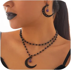 Gothic Moon Crystal Necklace and Earrings Set, Vintage Purple Crescent Moon Pendant Punk Style Goth Dark Jewelry, Halloween Costume Accessories for Women