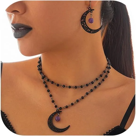 Gothic Moon Crystal Necklace and Earrings Set, Vintage Purple Crescent Moon Pendant Punk Style Goth Dark Jewelry, Halloween Costume Accessories for Women
