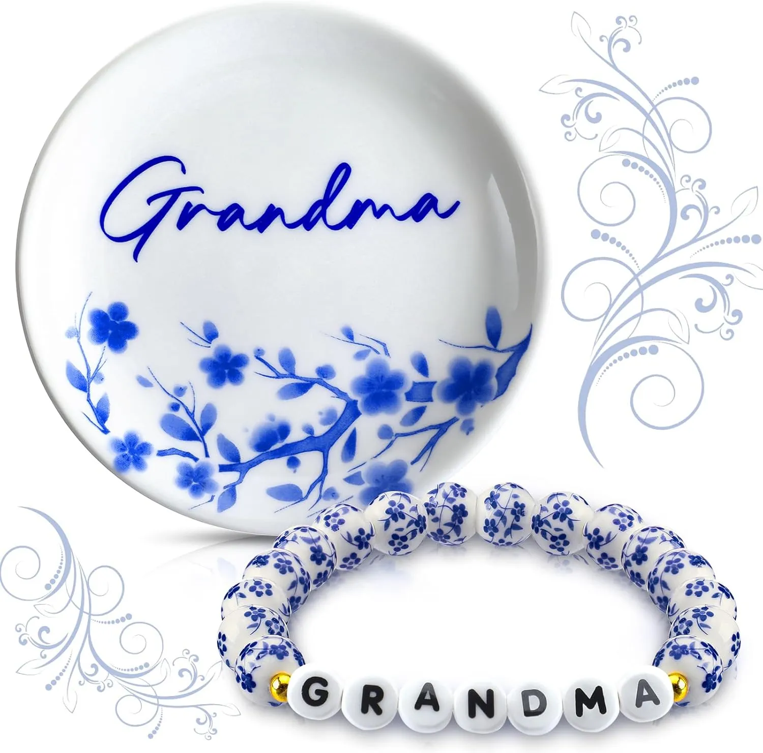 Grandma Beaded Bracelet Blue and White Porcelain Gift 3. 9 x 3. 9 Inches Grandma Jewelry Dish for Birthday