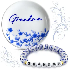 Grandma Beaded Bracelet Blue and White Porcelain Gift 3. 9 x 3. 9 Inches Grandma Jewelry Dish for Birthday