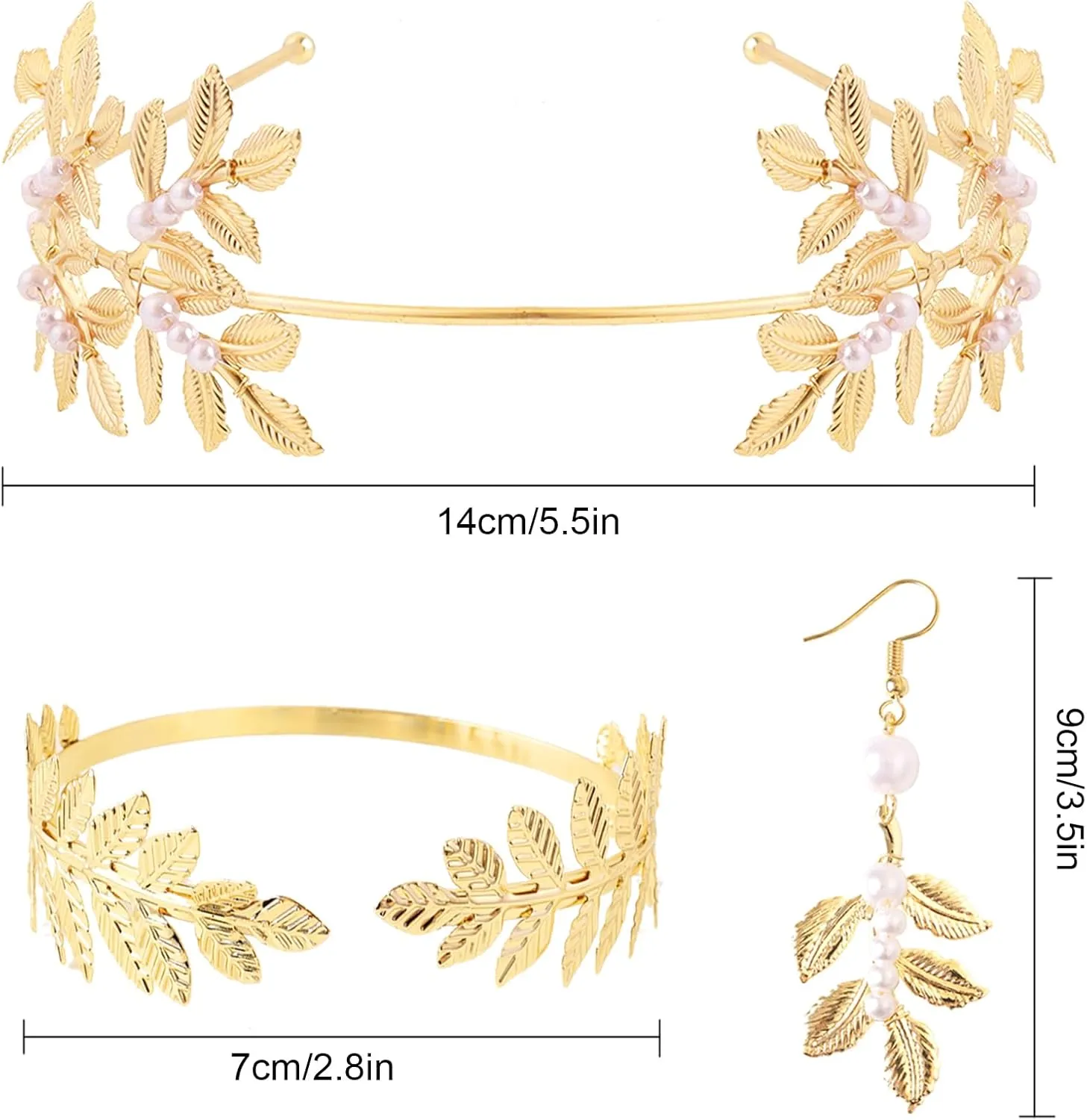 Greek Goddess Jewelry for Women Greek Leaf Headband Costume Accessories Set Gold Leaf Headpiece Crown Artificial Pearl Earrings for Halloween Wedding Party