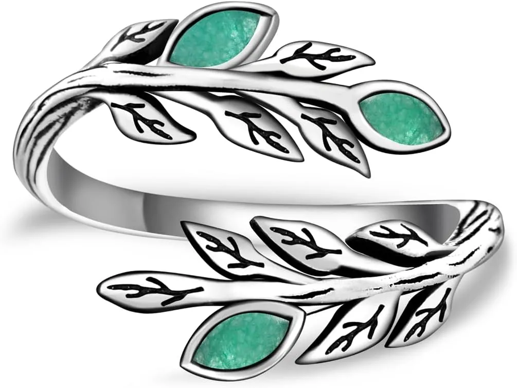 Green Aventurine Olive Leaf Ring - 925 Sterling Silver Peaceful Adjustable Nature leaves Wrap Ring Olive Jewelry Gifts for Women Wedding Engagement