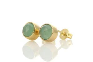 Green Aventurine Stud Earrings - Small Round Bezel Set Gemstone Earrings for Women & Girls - Healing Gemstone Jewelry