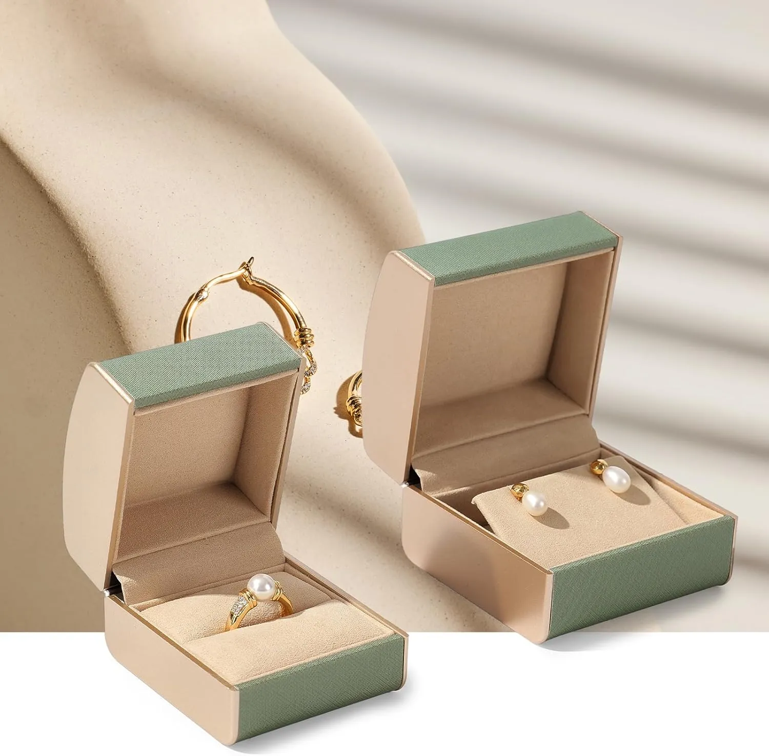Green PU Leather Engagement Proposal Ring Box Microfiber Interior Jewelry Ring Gift Box
