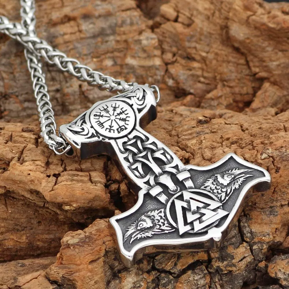 GuoShuang Nordic Viking Mjolnir Thor Hammer Valknut Stainless Steel Necklace for Men with Valknut Gift Bag