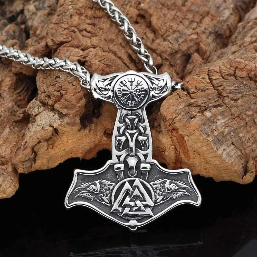 GuoShuang Nordic Viking Mjolnir Thor Hammer Valknut Stainless Steel Necklace for Men with Valknut Gift Bag