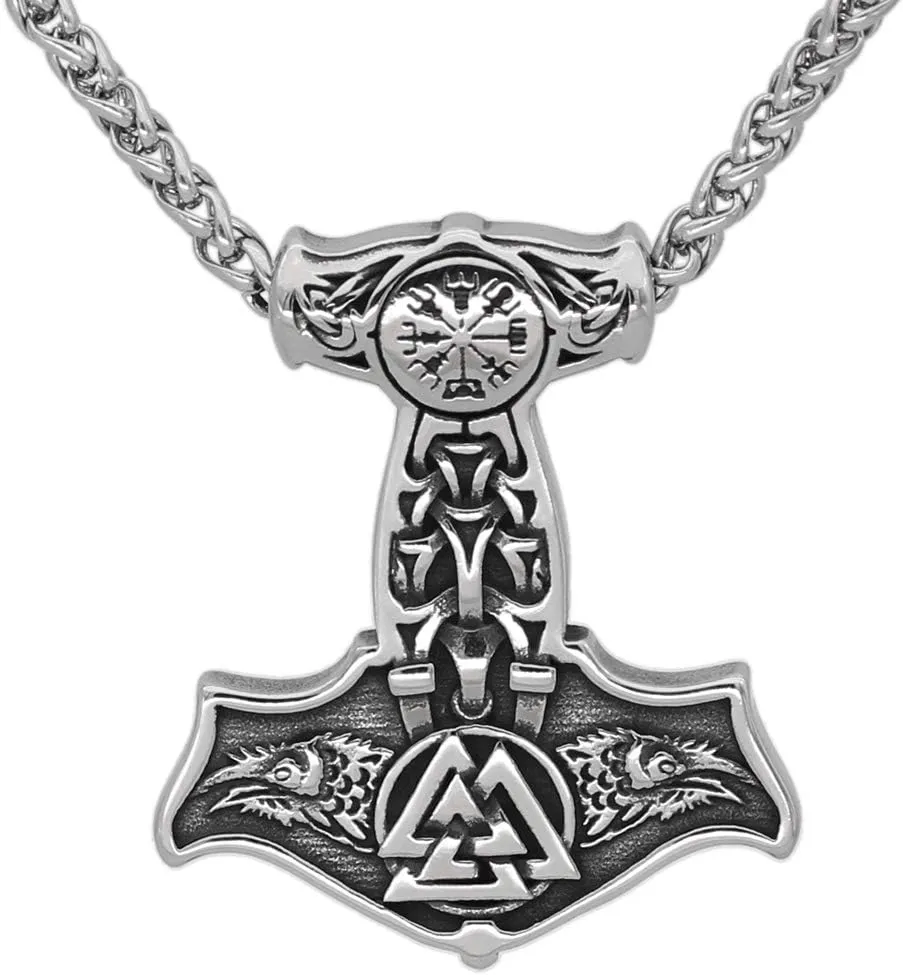 GuoShuang Nordic Viking Mjolnir Thor Hammer Valknut Stainless Steel Necklace for Men with Valknut Gift Bag