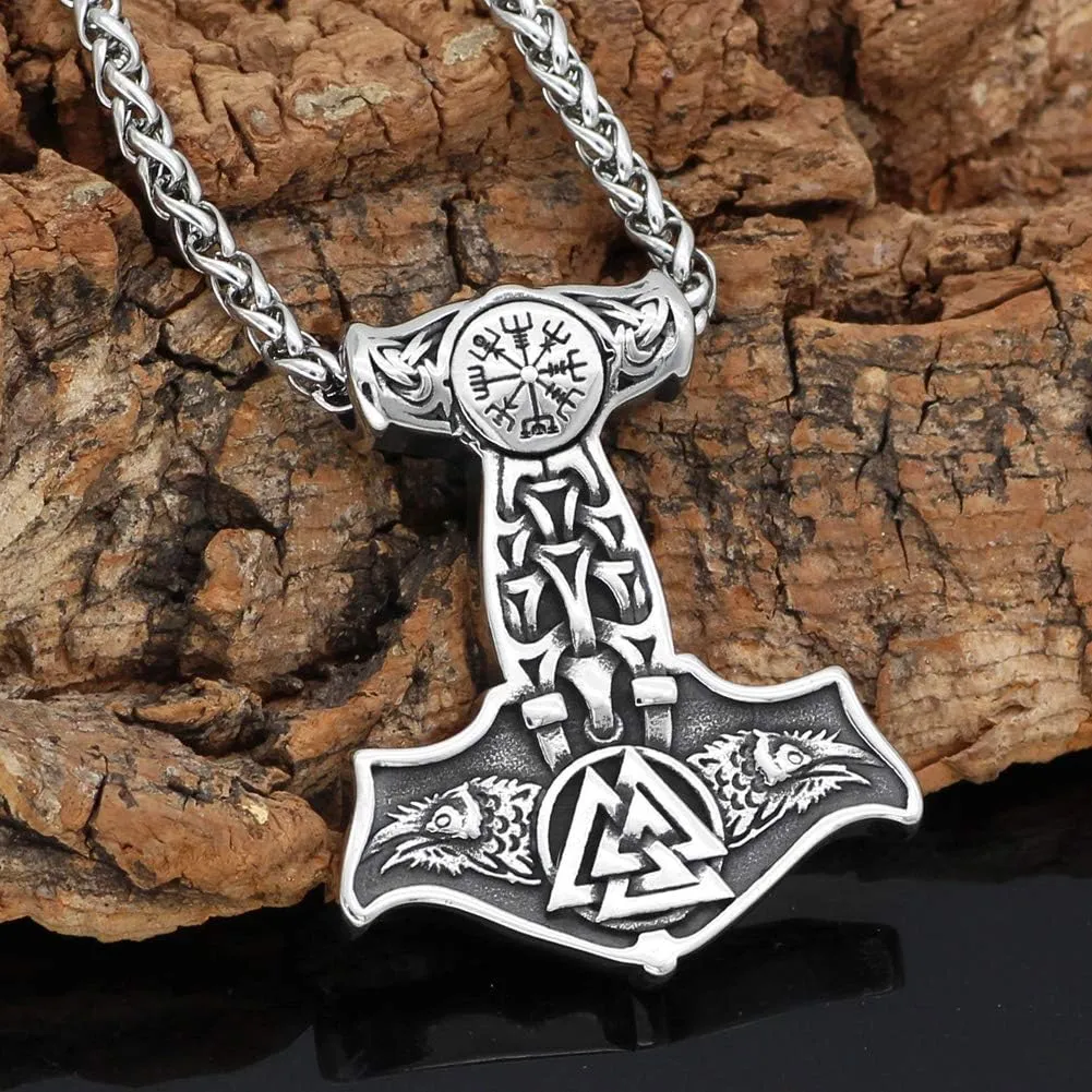 GuoShuang Nordic Viking Mjolnir Thor Hammer Valknut Stainless Steel Necklace for Men with Valknut Gift Bag