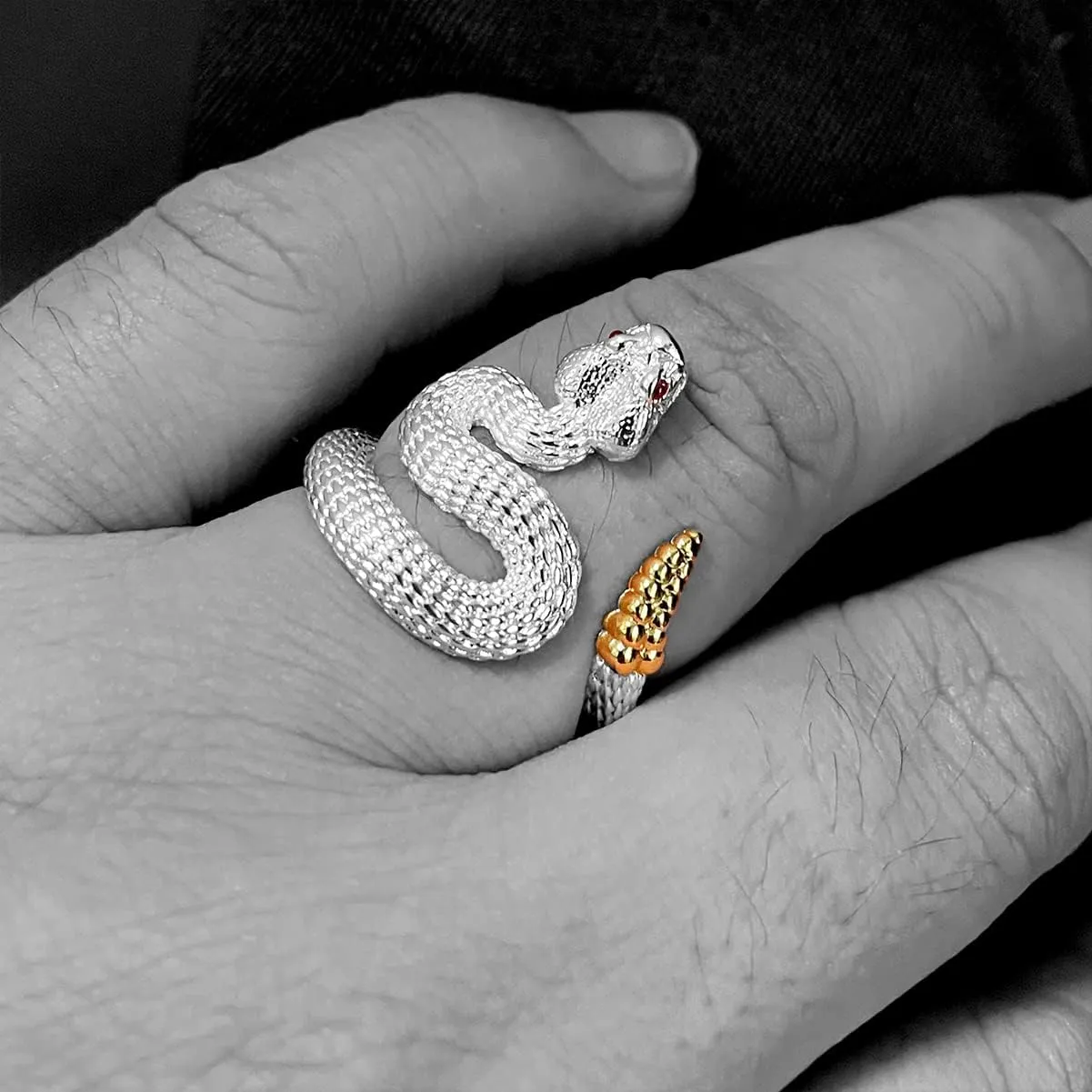 HAIXIAN Unisex Black Silver Wrap Rattlesnake Ring,S925 Sterling Silver Punk Gothic Cocktail Party Cool Snake Ring for Men Women