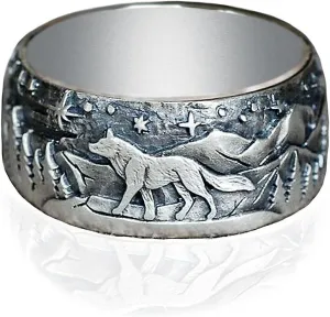 HAIXIAN Unisex Retro Wolf Statement Band Ring,Thick Silver Plated Antique Animal Engraved Punk Gothic Band Ring Jewelry for Women Men