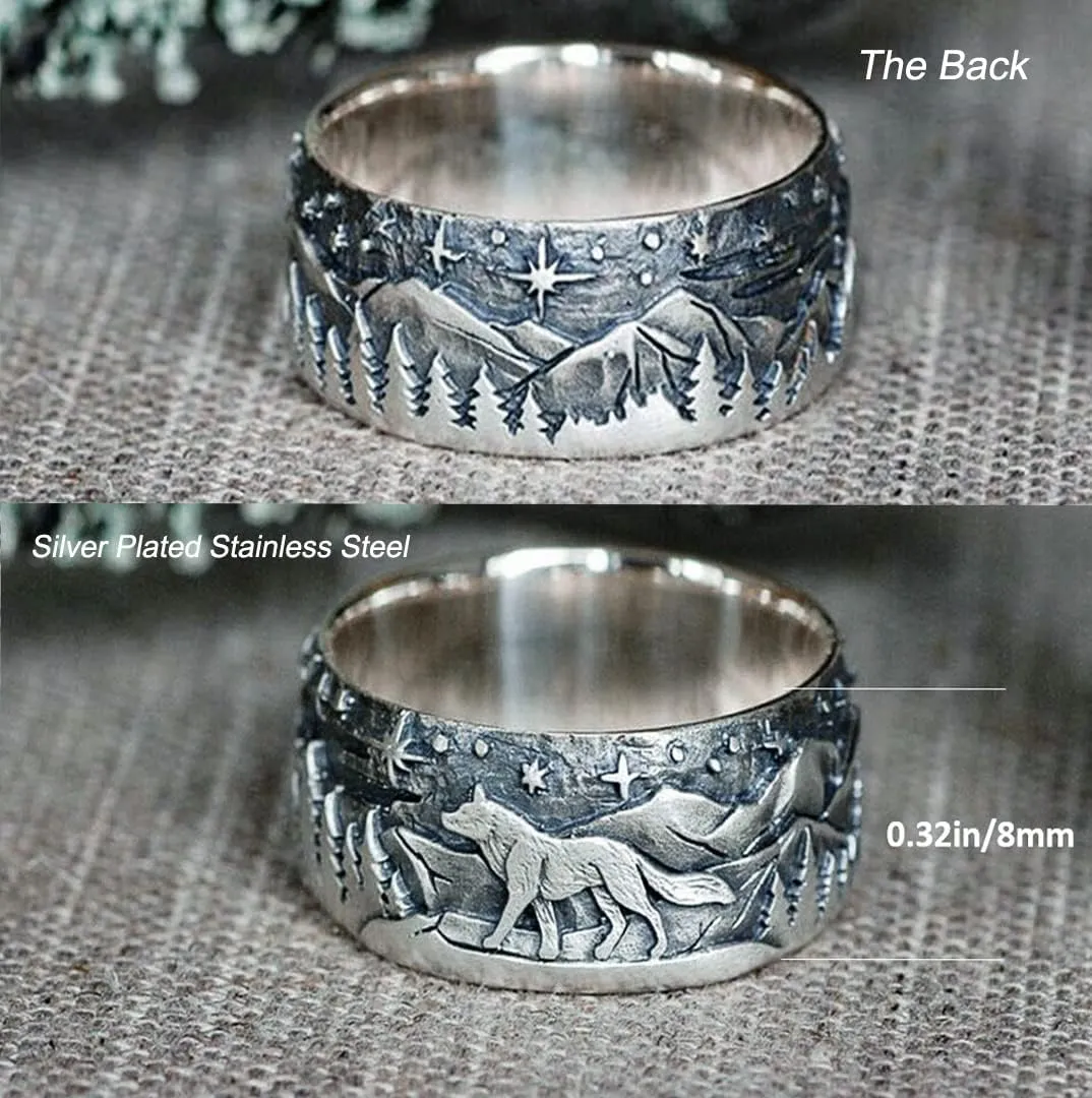 HAIXIAN Unisex Retro Wolf Statement Band Ring,Thick Silver Plated Antique Animal Engraved Punk Gothic Band Ring Jewelry for Women Men