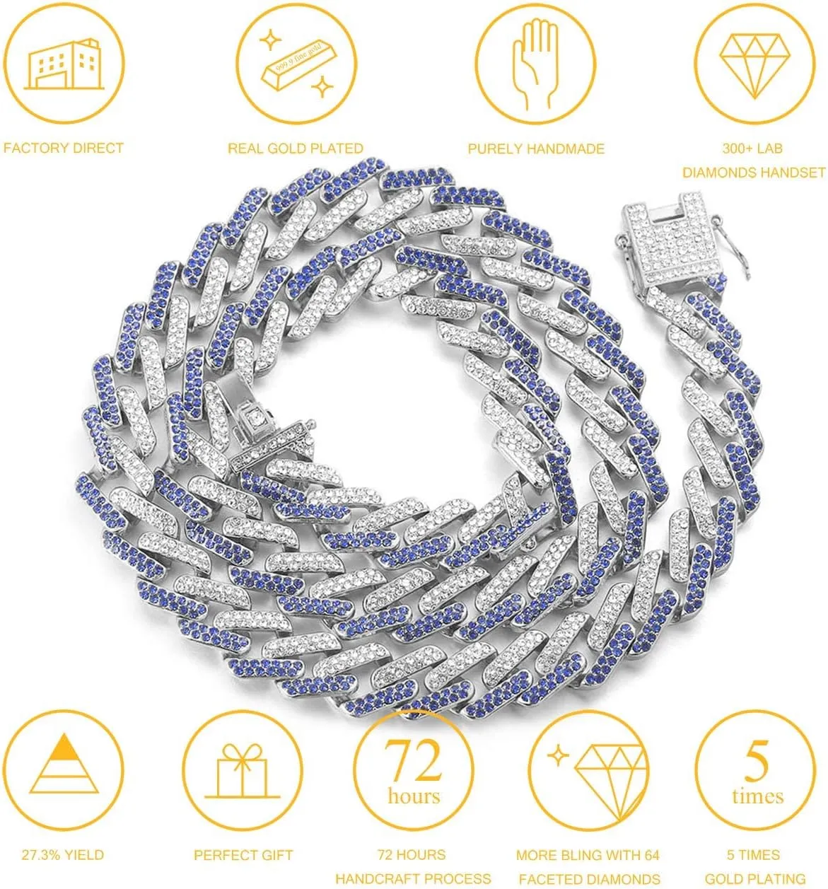 Halukakah Cuban Link Chain for Men FUJI - 13MM Iced Out Diamond Gold Chain - 18k Real Gold Plated/Platinum White Gold Finish Necklace - Hand Set Multicolor Lab Diamonds - Gift for Him