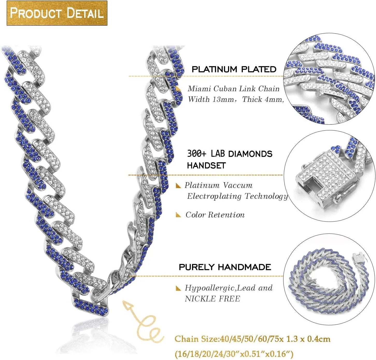 Halukakah Cuban Link Chain for Men FUJI - 13MM Iced Out Diamond Gold Chain - 18k Real Gold Plated/Platinum White Gold Finish Necklace - Hand Set Multicolor Lab Diamonds - Gift for Him