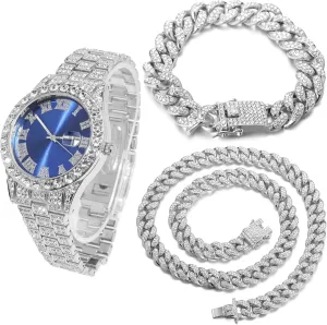 Halukakah Diamond Watch for Men - The Royal - 18K Real Gold/Platinum White Gold Plated & Handset Diamonds Iced Out,42MM Width Green/Blue/Red Dial Wristband 9.5,Cuban Link Chain 8" 18",Comes with Giftbox