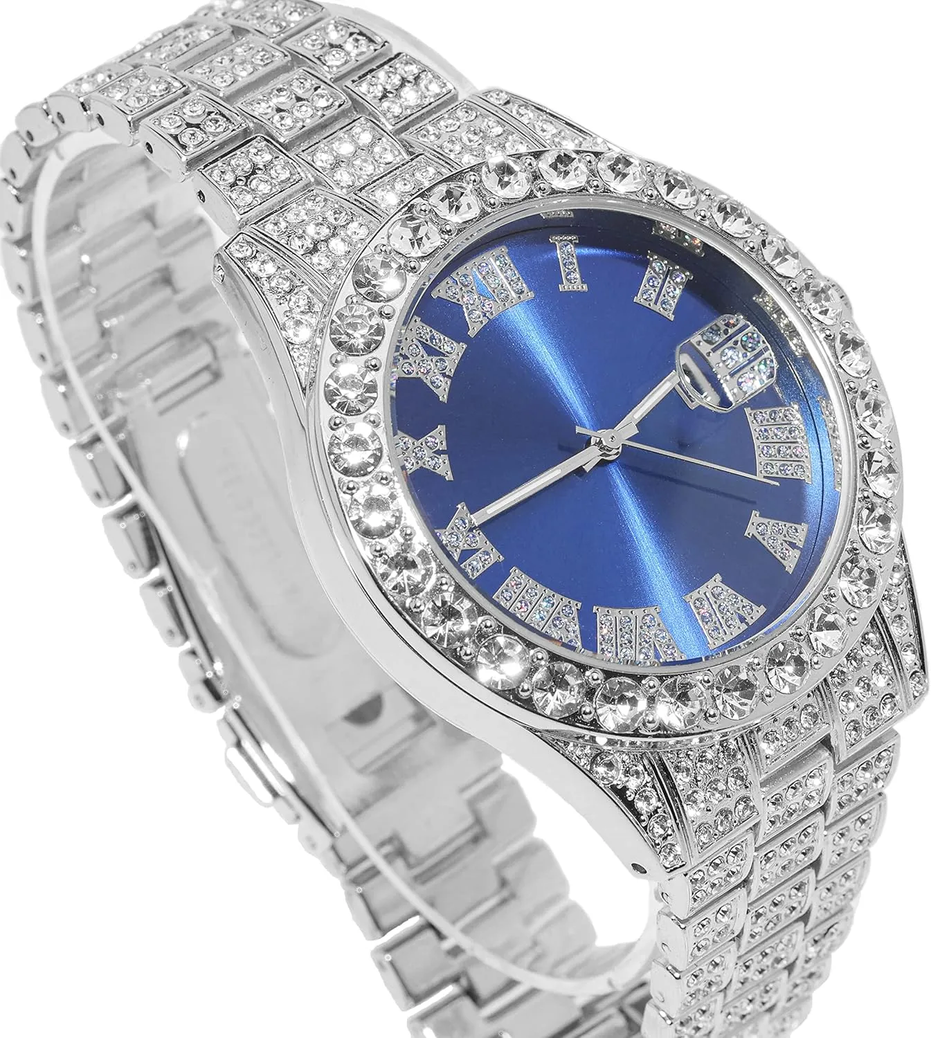 Halukakah Diamond Watch for Men - The Royal - 18K Real Gold/Platinum White Gold Plated & Handset Diamonds Iced Out,42MM Width Green/Blue/Red Dial Wristband 9.5,Cuban Link Chain 8" 18",Comes with Giftbox