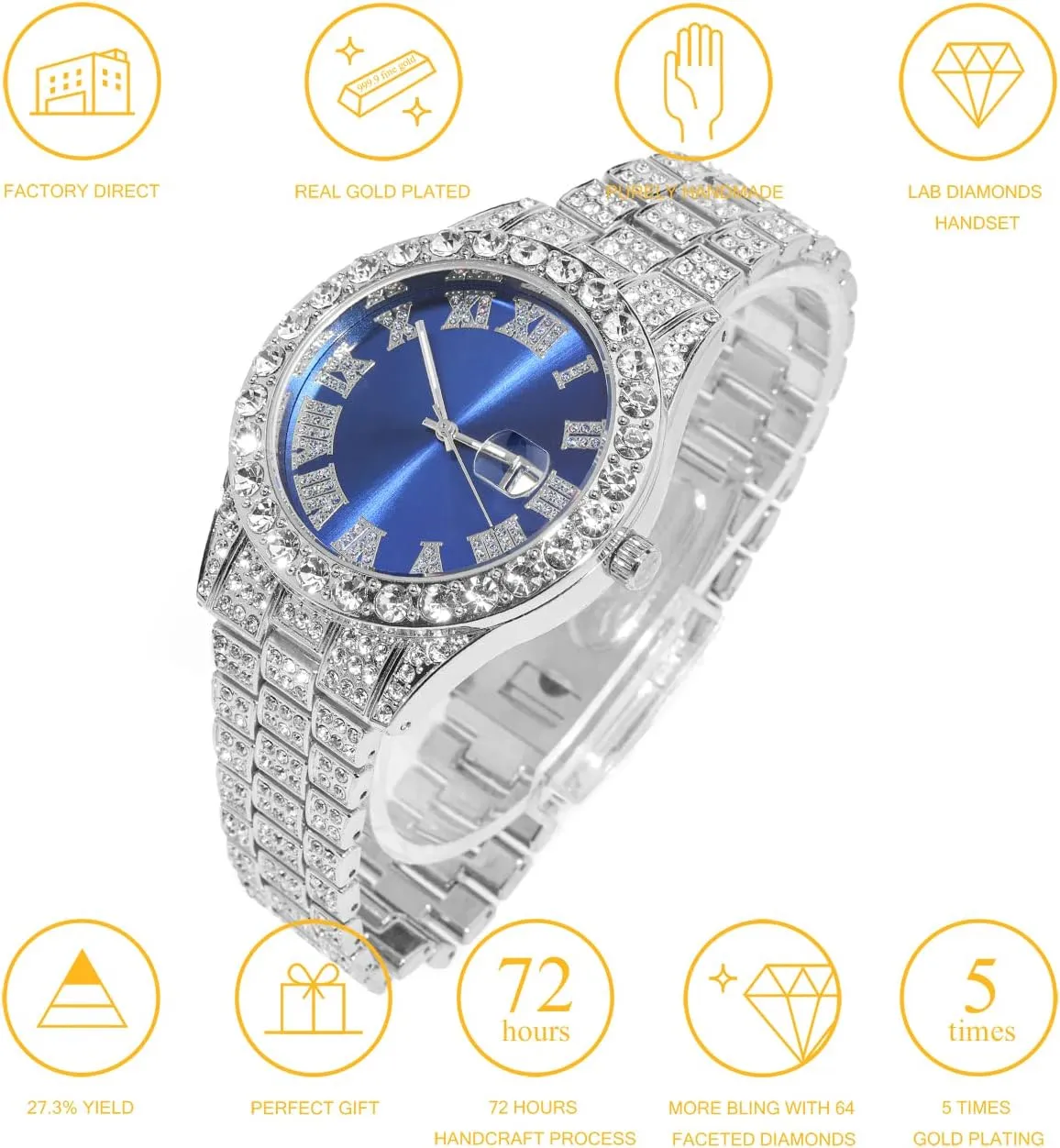 Halukakah Diamond Watch for Men - The Royal - 18K Real Gold/Platinum White Gold Plated & Handset Diamonds Iced Out,42MM Width Green/Blue/Red Dial Wristband 9.5,Cuban Link Chain 8" 18",Comes with Giftbox