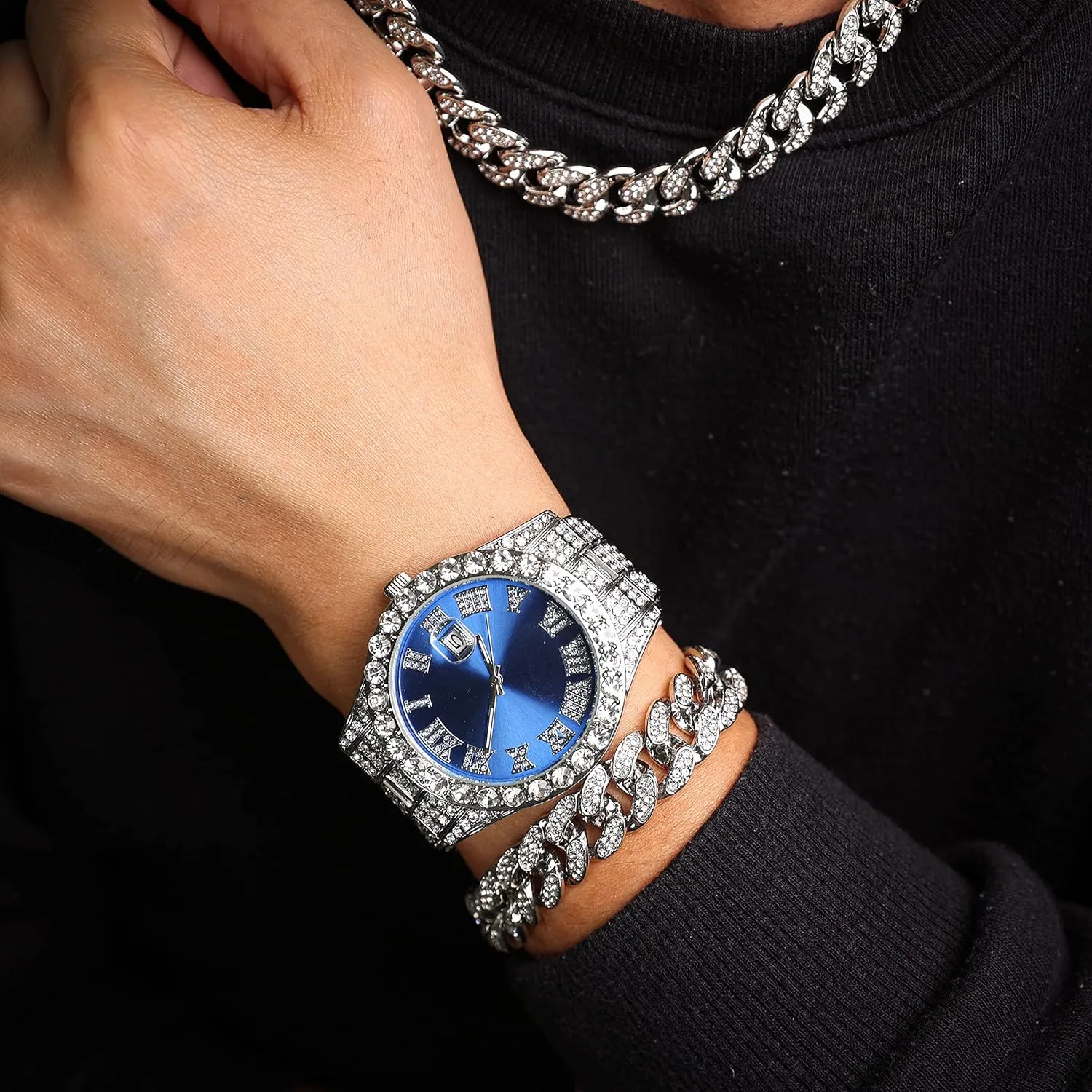 Halukakah Diamond Watch for Men - The Royal - 18K Real Gold/Platinum White Gold Plated & Handset Diamonds Iced Out,42MM Width Green/Blue/Red Dial Wristband 9.5,Cuban Link Chain 8" 18",Comes with Giftbox