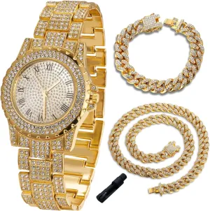 Halukakah Diamonds Gold Watch Iced Out for Boy Teens Kids - 18K Real Gold/Platinum Plated, 39mm Round Dial, Japanese Quartz - 7.5" Length - Optional with Cuban Link Chain - for Birthday, Parties