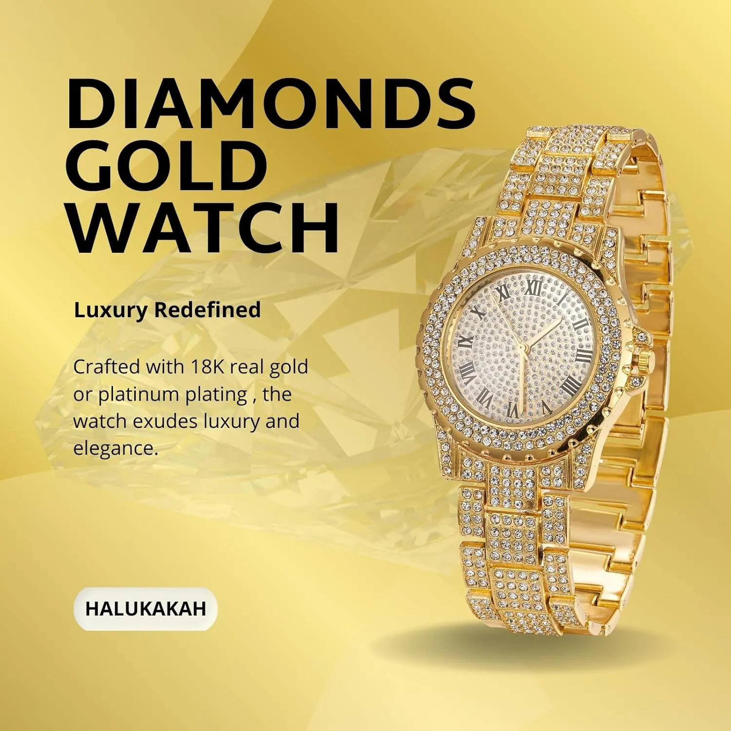 Halukakah Diamonds Gold Watch Iced Out for Boy Teens Kids - 18K Real Gold/Platinum Plated, 39mm Round Dial, Japanese Quartz - 7.5" Length - Optional with Cuban Link Chain - for Birthday, Parties
