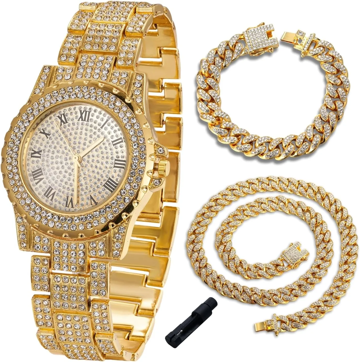 Halukakah Diamonds Gold Watch Iced Out for Boy Teens Kids - 18K Real Gold/Platinum Plated, 39mm Round Dial, Japanese Quartz - 7.5" Length - Optional with Cuban Link Chain - for Birthday, Parties