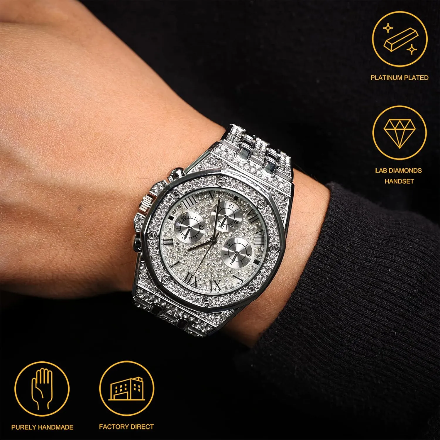 Halukakah Diamonds Gold Watch Iced Out,Men's 18K Real Gold/Platinum White Gold Plated 40MM Width Roman Numerals Dial Quartz Wristband 8.7" with Cuban Link Chain 8" 18" Necklace Bracelet,Free Giftbox