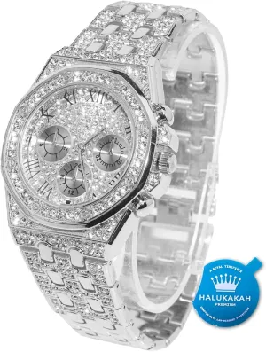 Halukakah Diamonds Gold Watch Iced Out,Men's 18K Real Gold/Platinum White Gold Plated 40MM Width Roman Numerals Dial Quartz Wristband 8.7" with Cuban Link Chain 8" 18" Necklace Bracelet,Free Giftbox