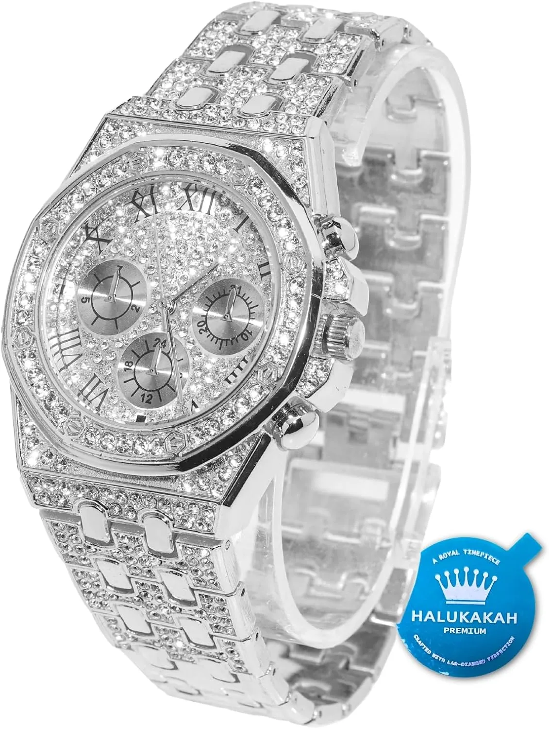 Halukakah Diamonds Gold Watch Iced Out,Men's 18K Real Gold/Platinum White Gold Plated 40MM Width Roman Numerals Dial Quartz Wristband 8.7" with Cuban Link Chain 8" 18" Necklace Bracelet,Free Giftbox