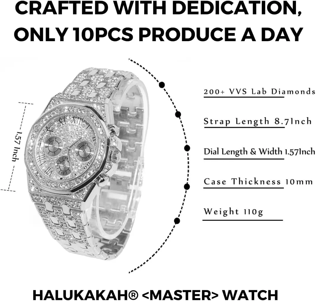 Halukakah Diamonds Gold Watch Iced Out,Men's 18K Real Gold/Platinum White Gold Plated 40MM Width Roman Numerals Dial Quartz Wristband 8.7" with Cuban Link Chain 8" 18" Necklace Bracelet,Free Giftbox