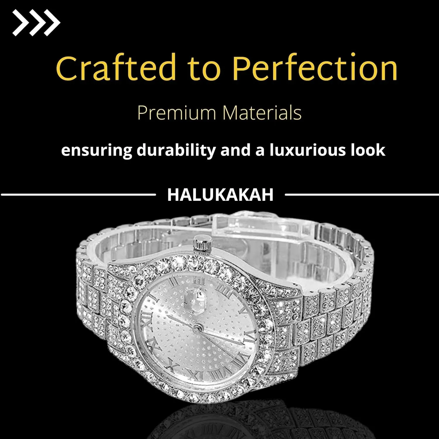 Halukakah Diamonds Watch Iced Out for Boy Teens - 18K Real Gold/Platinum Plated - 42mm Round Dial - 8" Length - Optional with Cuban Link Chain, with Adjuster Tool - Goldfoil Giftbox
