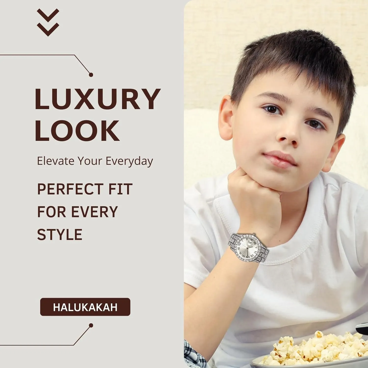 Halukakah Diamonds Watch Iced Out for Boy Teens - 18K Real Gold/Platinum Plated - 42mm Round Dial - 8" Length - Optional with Cuban Link Chain, with Adjuster Tool - Goldfoil Giftbox